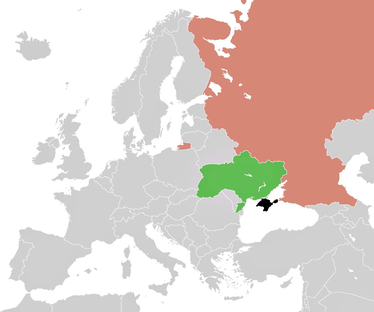 2014年クリミア危機の地図。クリミア半島と黒海、ロシア・ウクライナ国境を示す。
