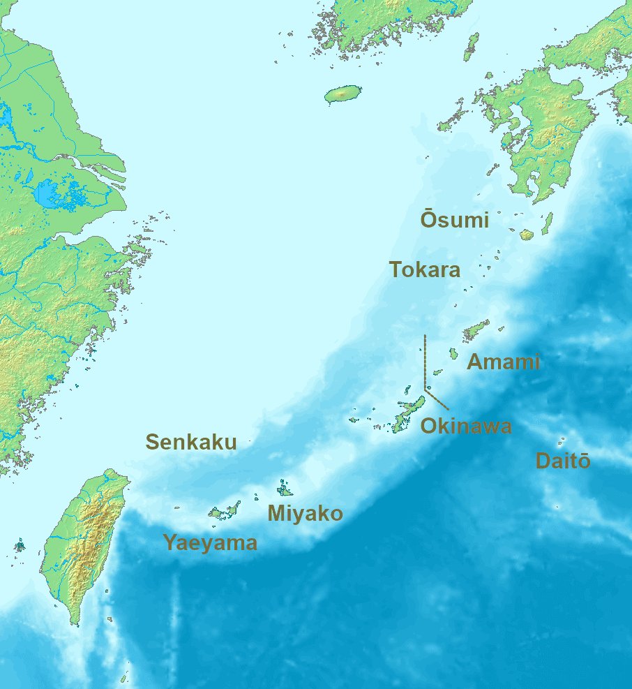 南西諸島(琉球弧)と尖閣諸島のおおよその位置を示す地図